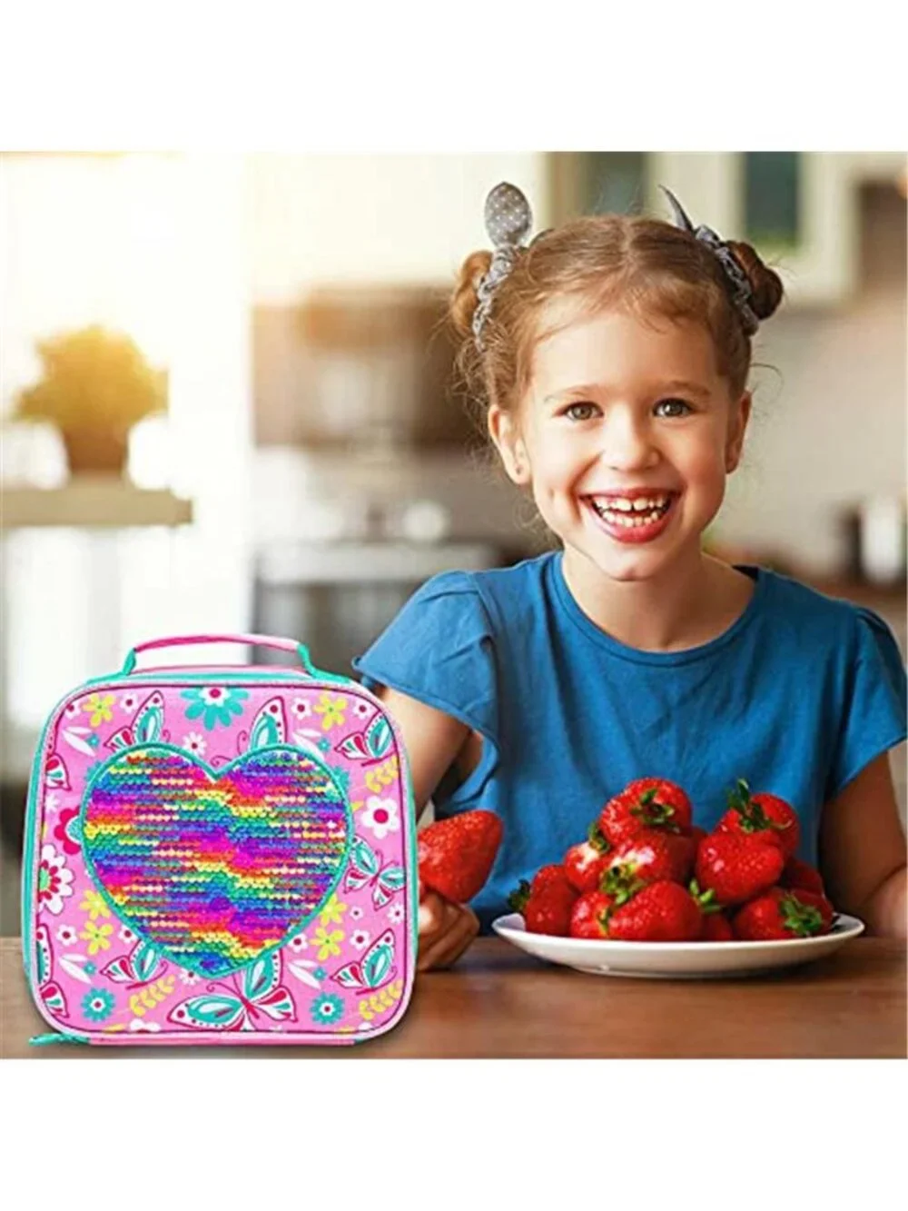 3PCS Girls Backpack Sequins Butterfly Bookbag with Lunch Box, 16